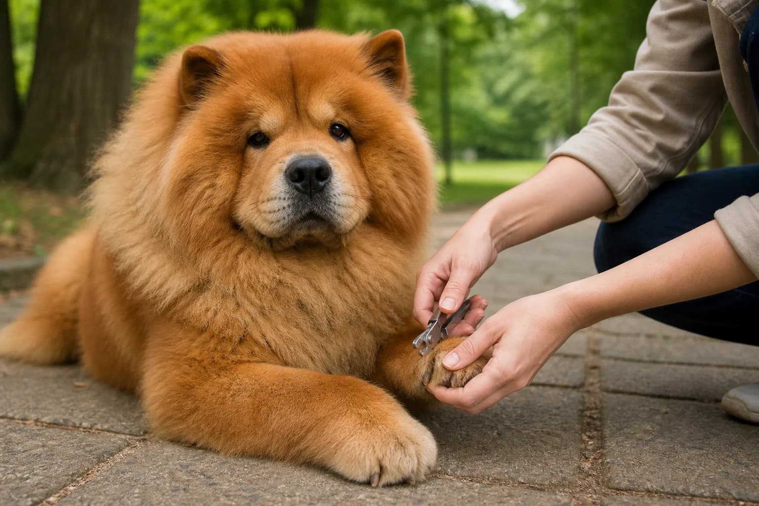 Safe nail trimming on a calm Chow Chow paw