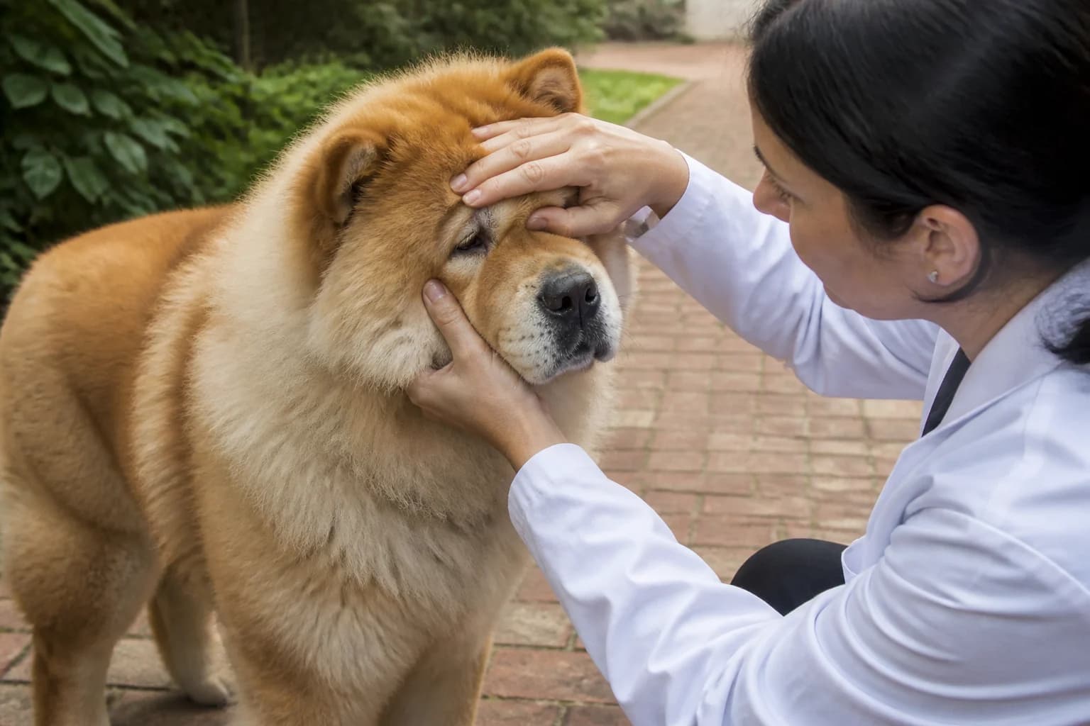 Veterinarian examining a Chow Chow eye and eyelid position