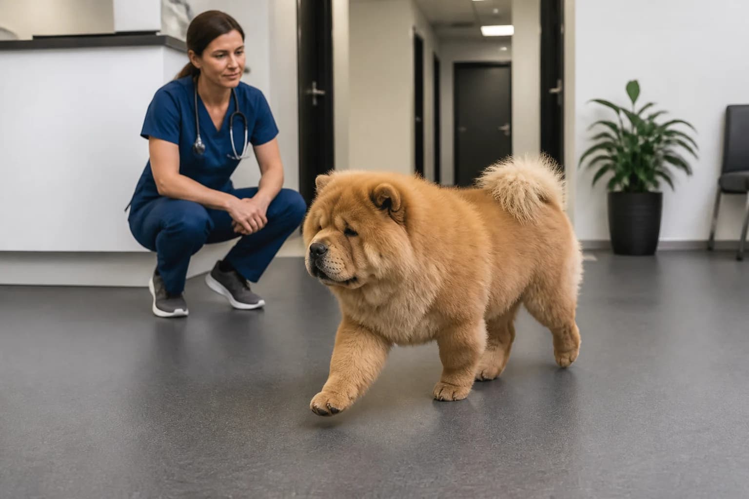 Veterinarian observing a Chow Chow walking on a nonslip clinic floor