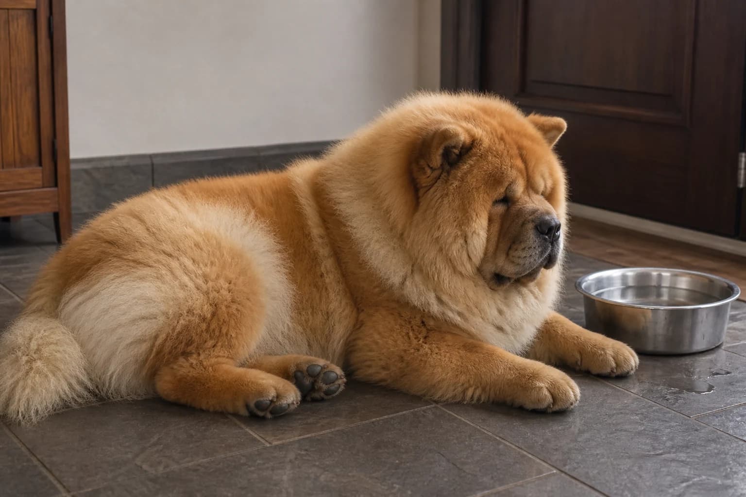 Chow Chow resting in deep shade beside accessible water on a mild day