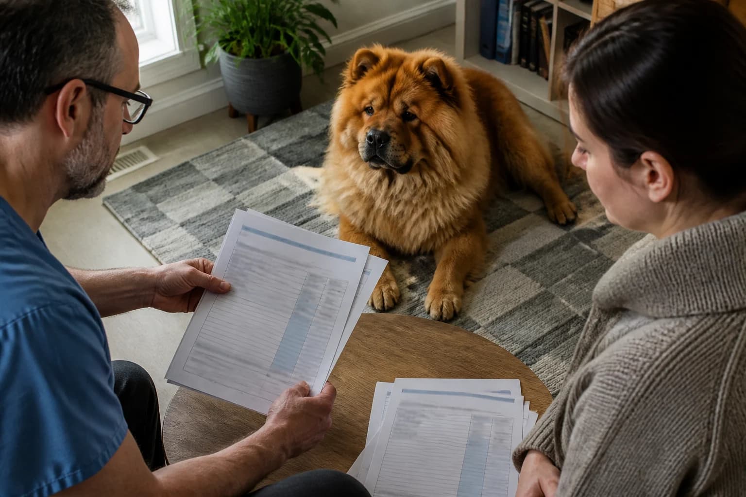 Owner and veterinarian reviewing Chow Chow screening records