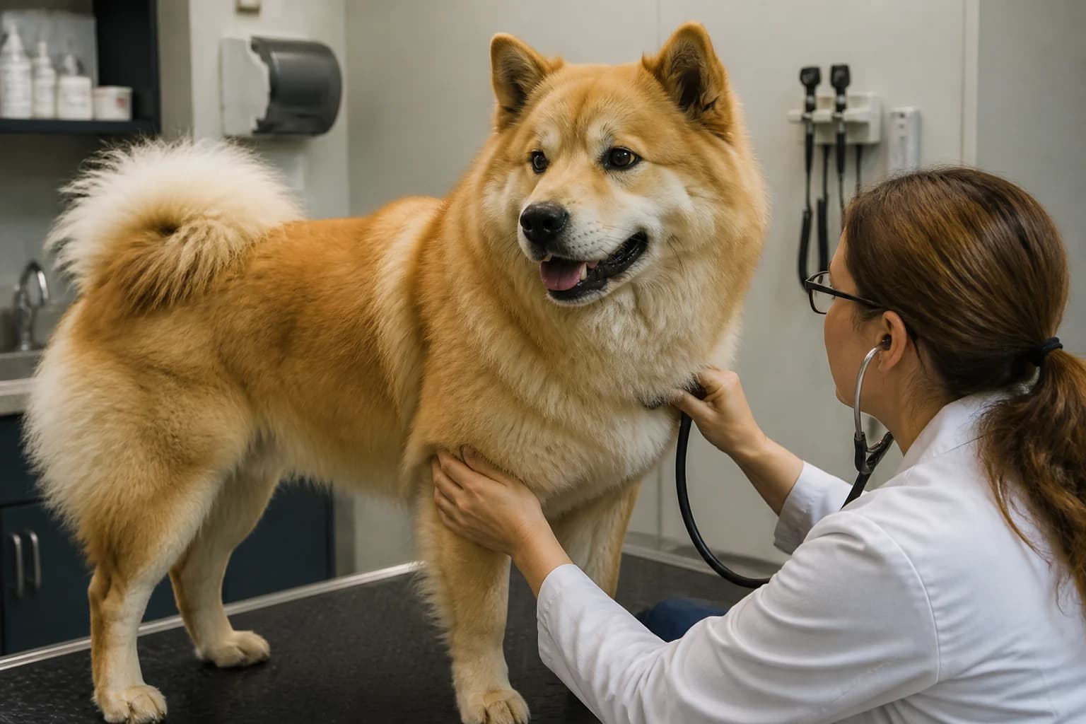 Adult Chow Husky mix with a realistic double coat and upright ears on a shaded trail