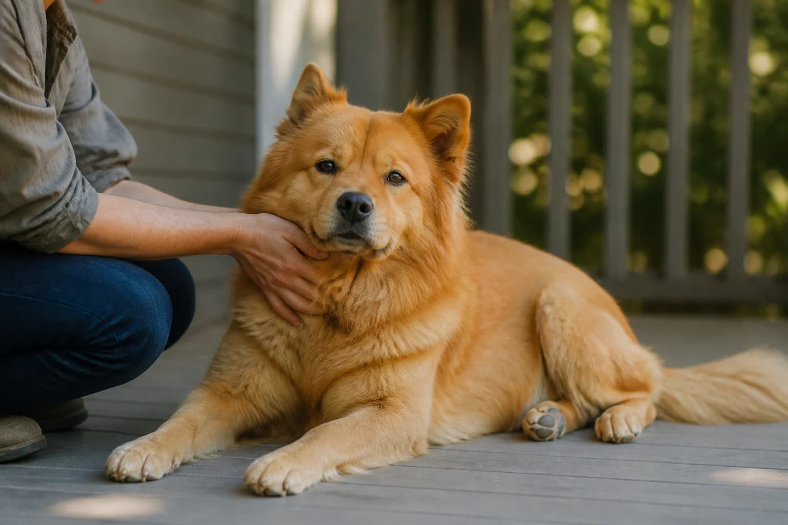 Golden Chow mix with a moderate mane and retriever-like build