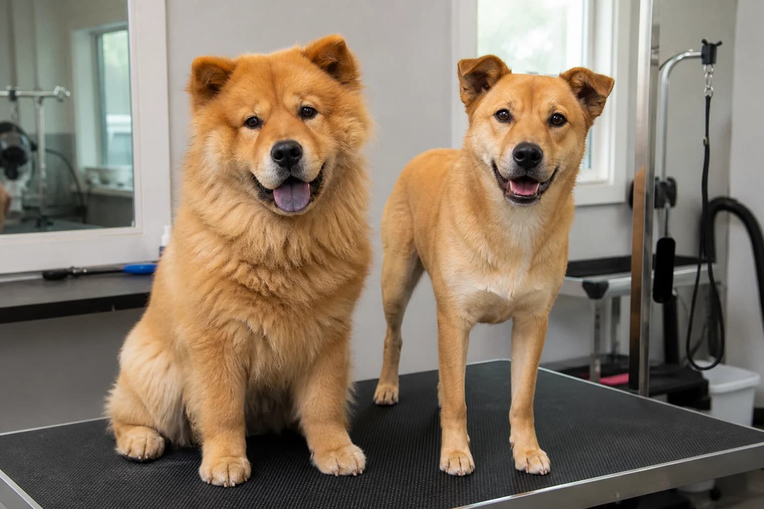 Two known Chow mix littermates with different coat textures and outlines