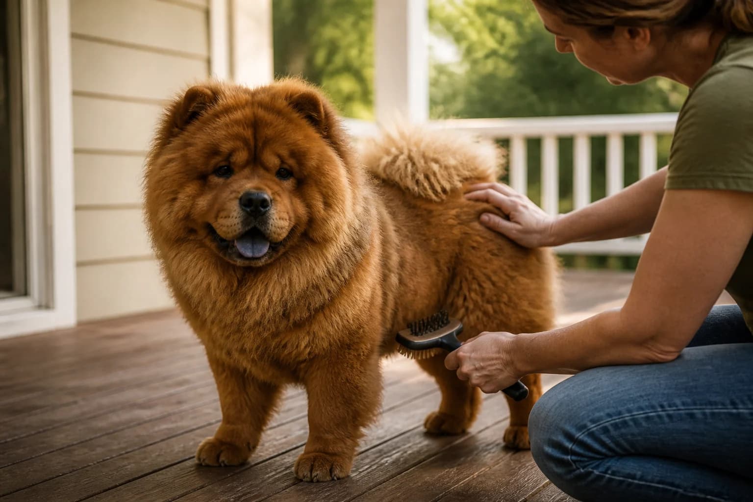 Chow Chow standing beside correctly sized everyday equipment with no product packaging