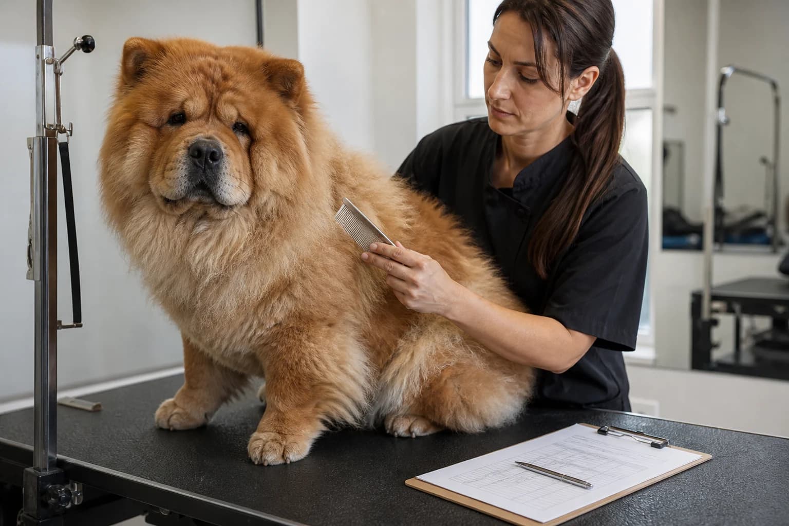Professional groomer working through a Chow Chow undercoat while a cost worksheet sits nearby