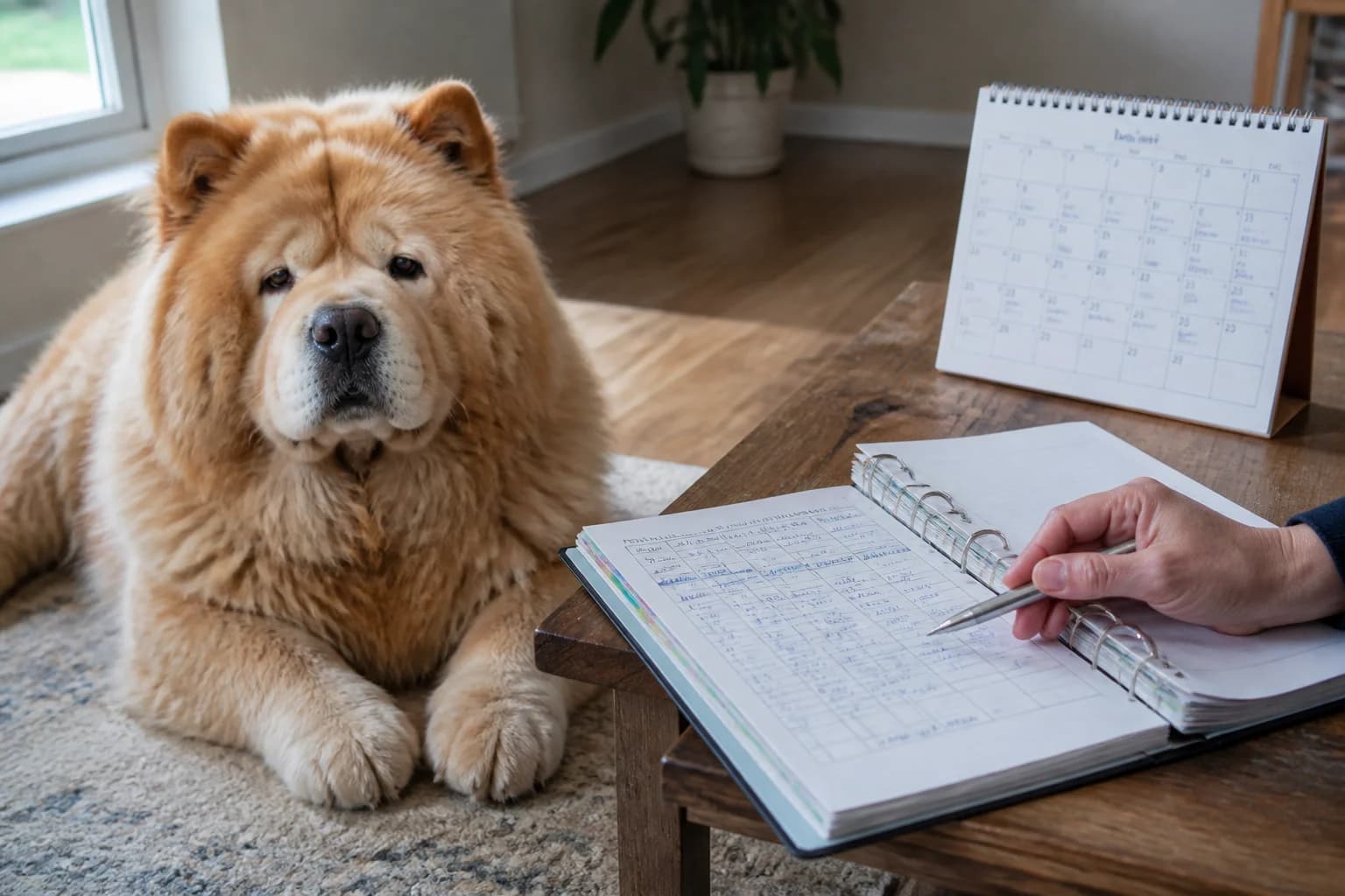 Senior Chow Chow at home beside a calendar and organized care records