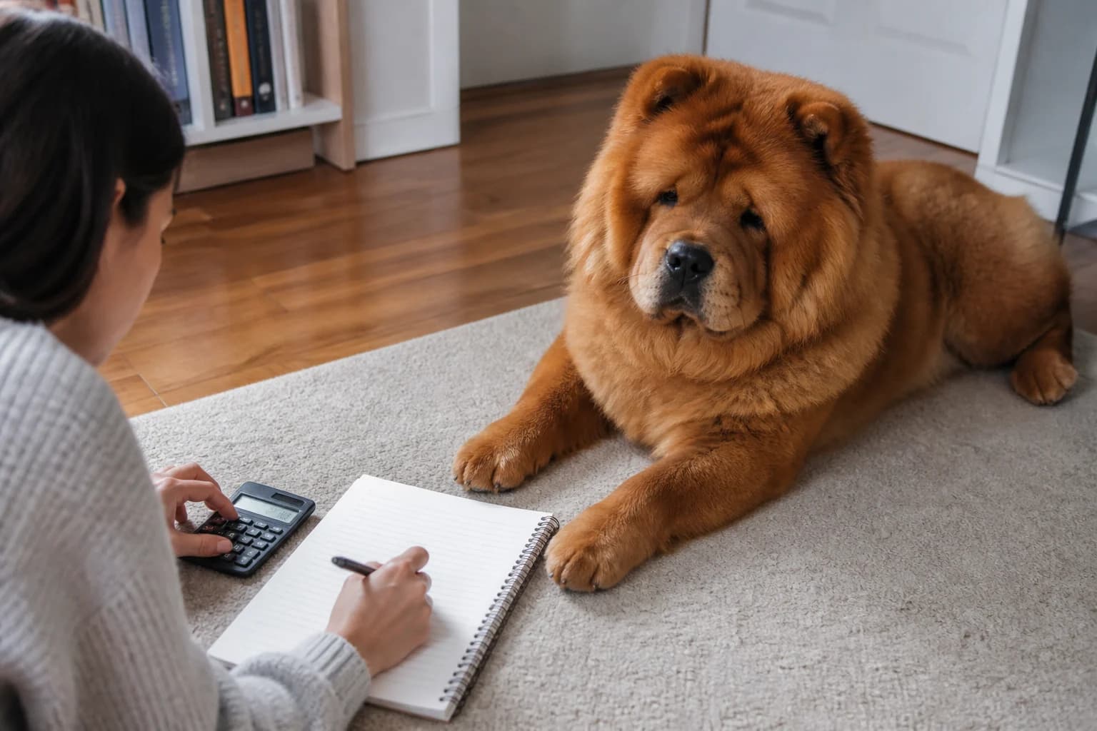 Owner calculating a written Chow Chow first-year budget beside a calm adult red Chow Chow