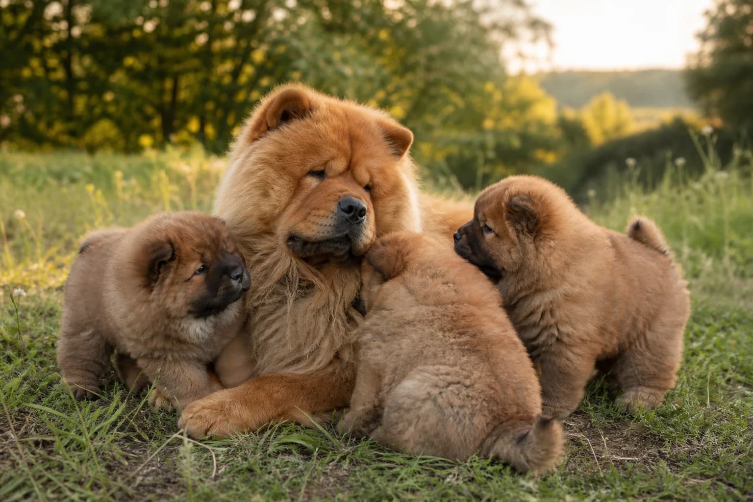 Chow Chow litter interacting with its dam in a clean enriched home area