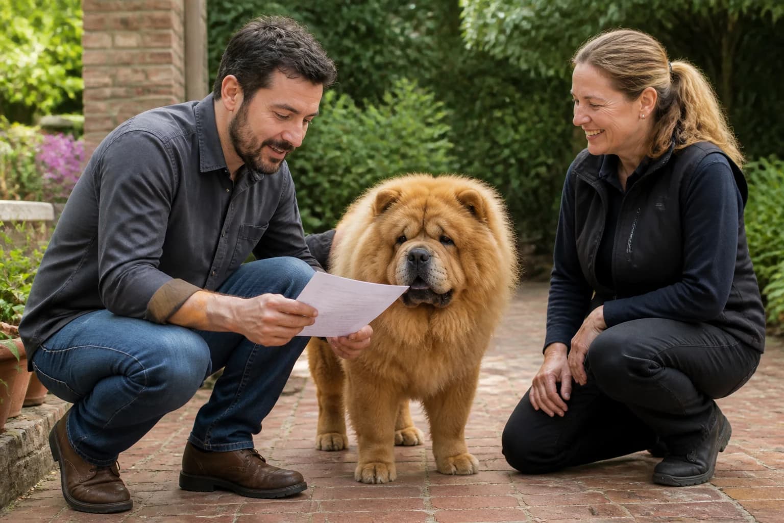 Buyer reviewing public screening results with a breeder and adult Chow Chow present