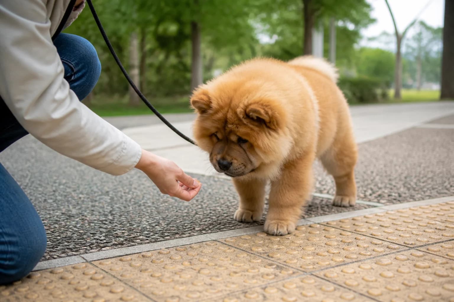 Chow Chow puppy calmly exploring a novel textured surface with reward-based support