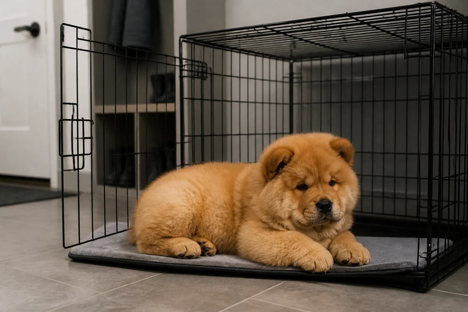 Chow Chow puppy resting in a measured open-door crate inside a cool puppy-safe room