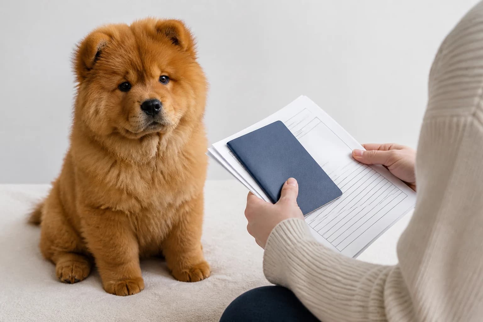 Healthy red Chow Chow puppy sitting beside organized identity and veterinary records