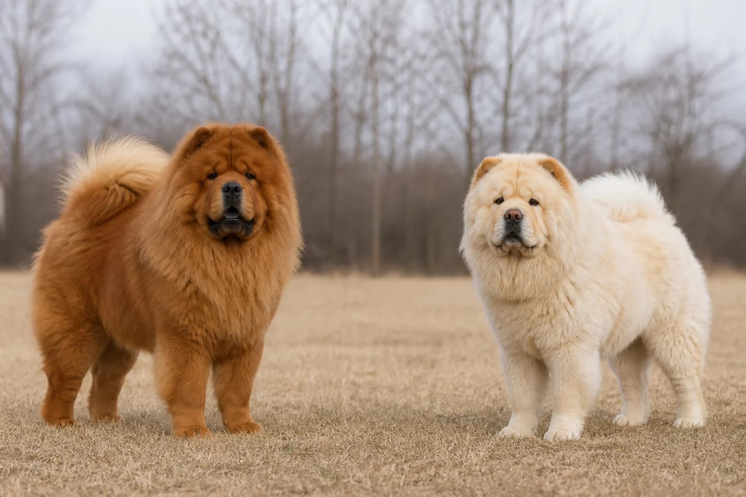 Adult male and female Chow Chows standing separately on a level surface