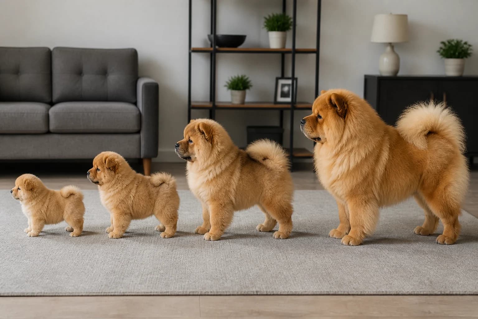 Four age-appropriate Chow Chow puppies at different growth stages