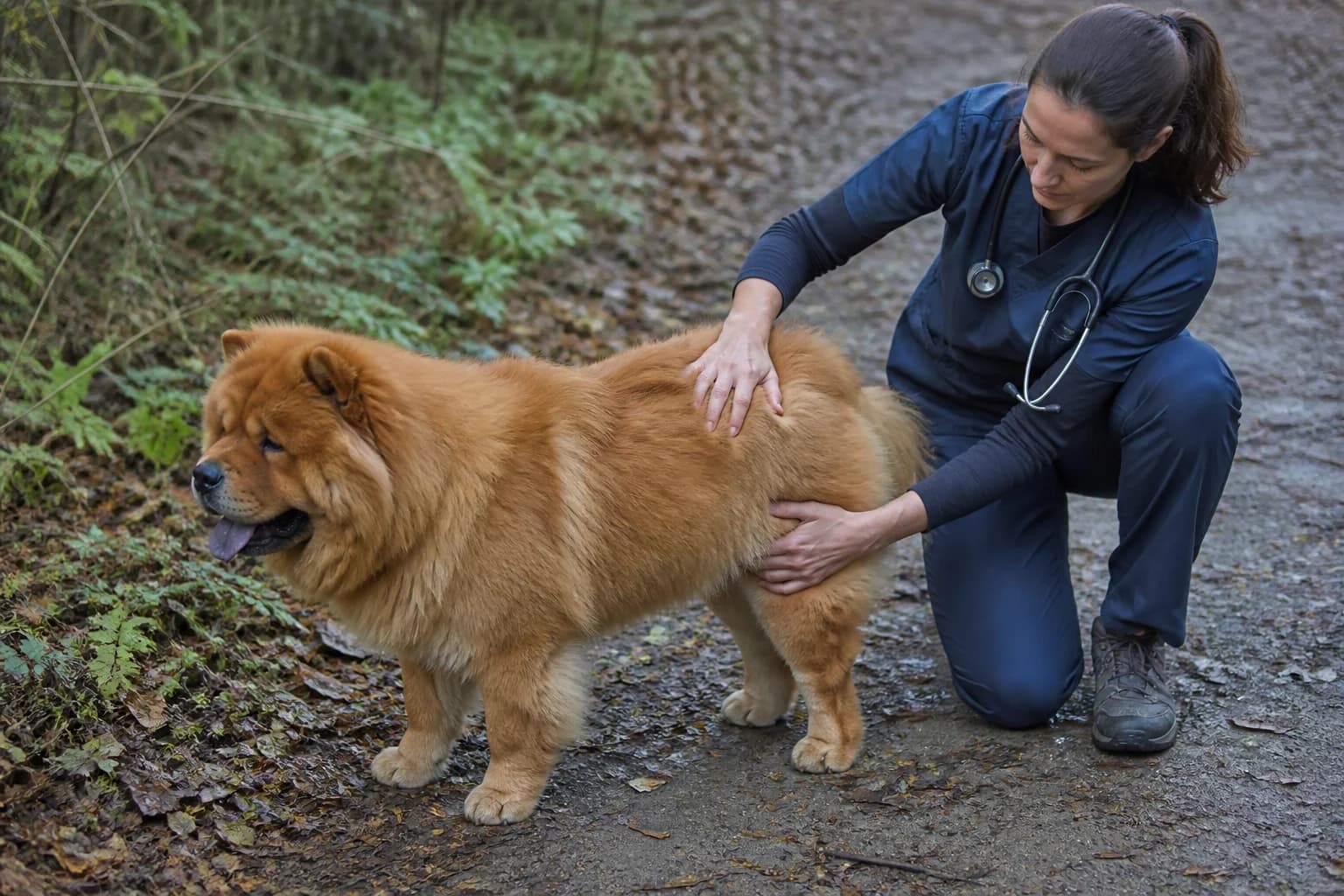 Veterinarian assessing Chow Chow rib coverage and waist