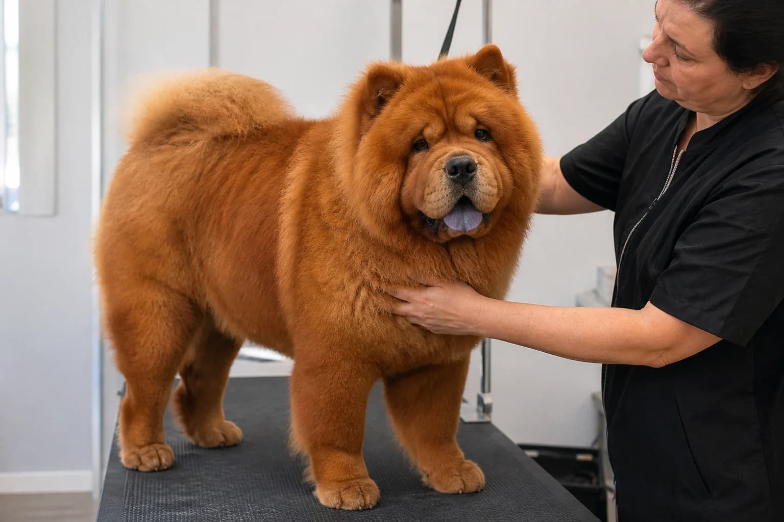 Full-grown red Chow Chow standing beside an adult person for scale
