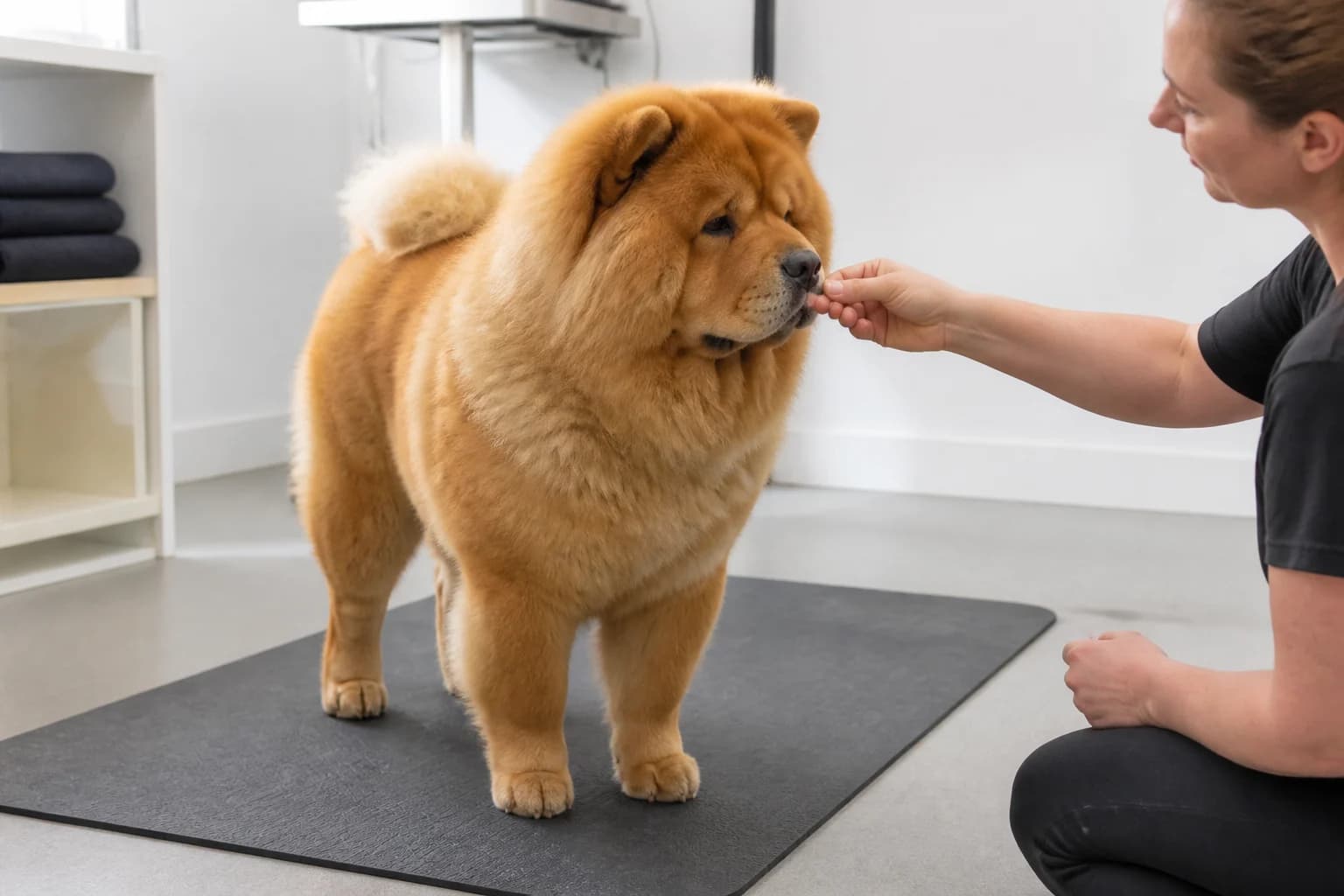 Owner rewarding a Chow Chow for standing on a station mat