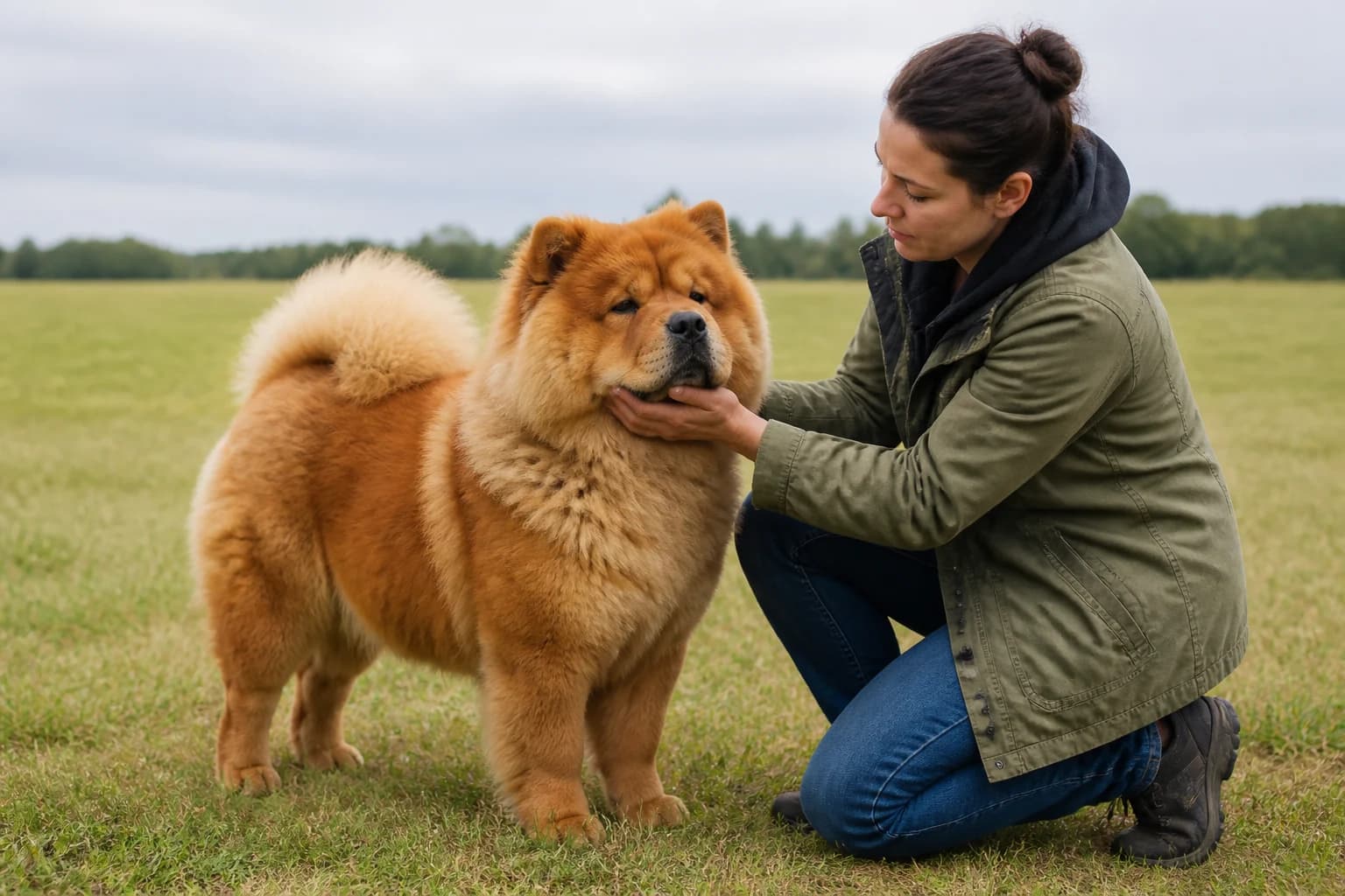 Chow Chow practicing a cooperative chin rest with an owner