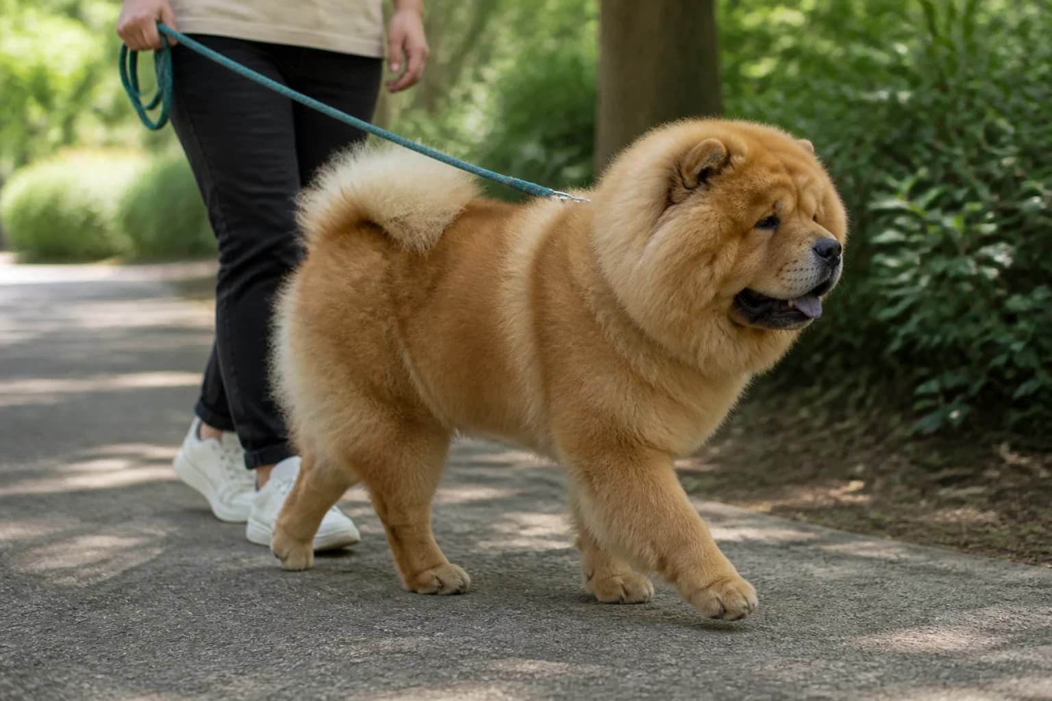 Chow Chow walking on a loose leash on a shaded low-traffic path