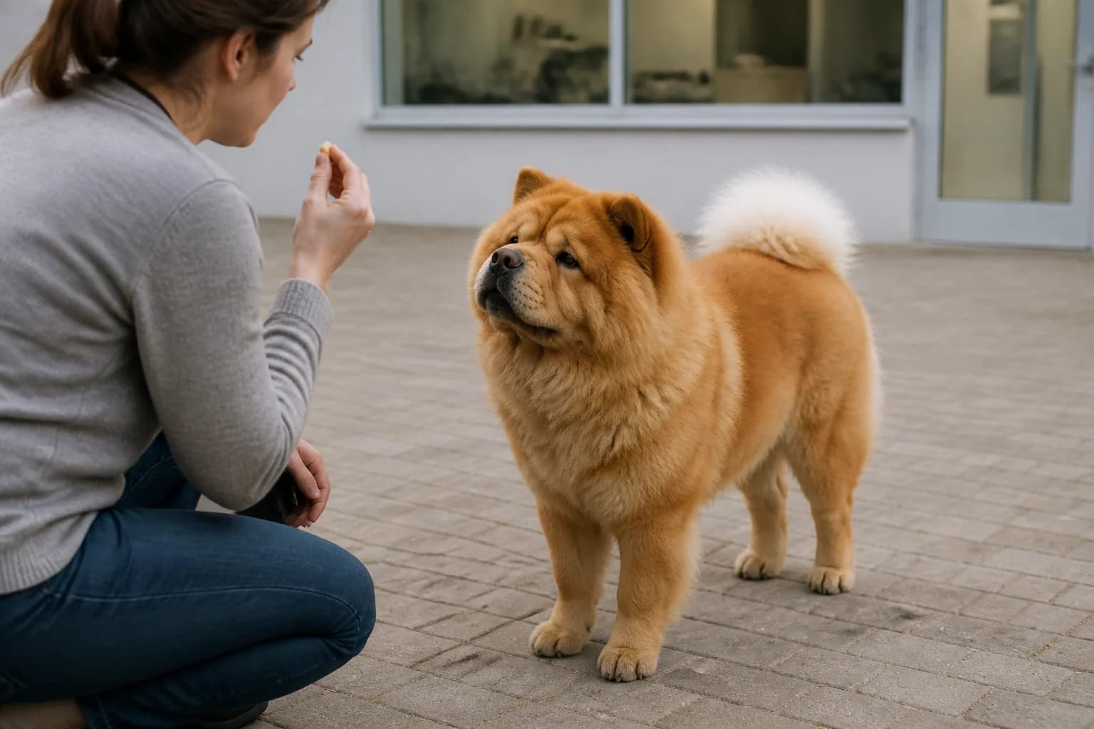 Chow Chow checking in calmly with an owner during reward-based training