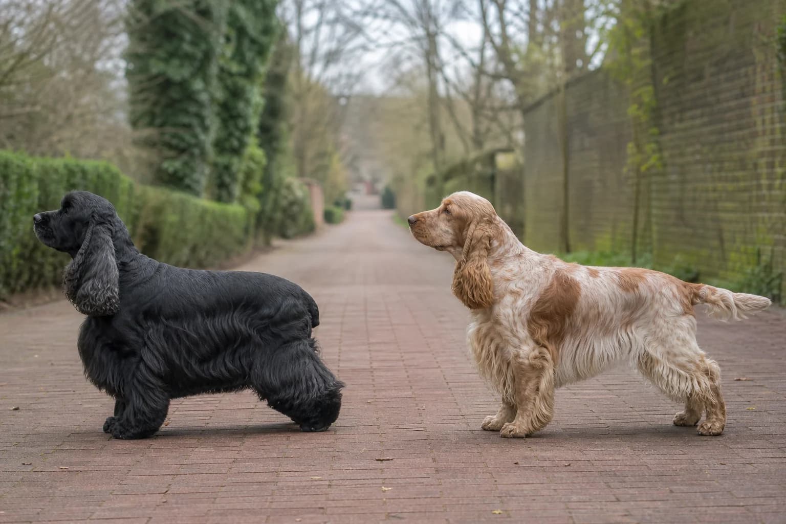 Side view of an American Cocker Spaniel and English Cocker Spaniel showing real head and body differences
