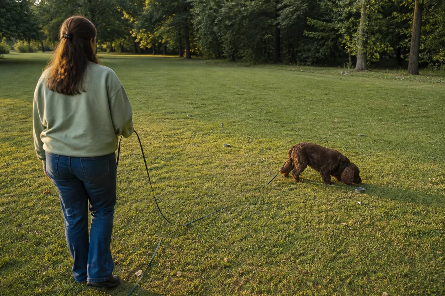 Cocker Spaniel doing calm scent work with an owner in a grassy park