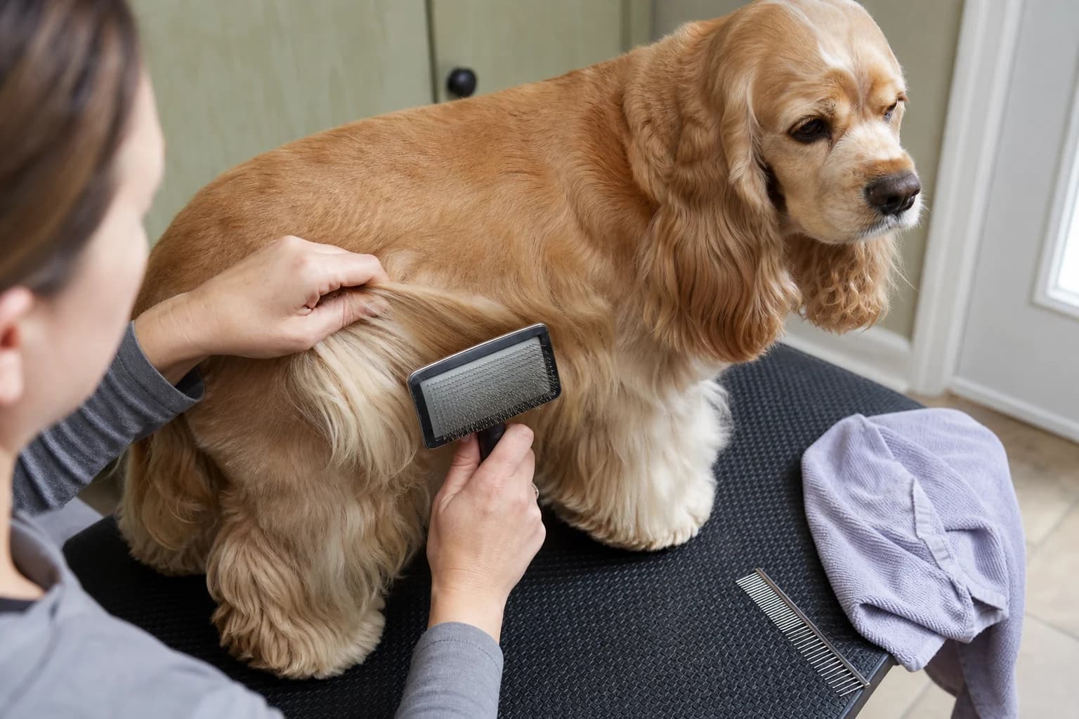 Owner line-brushing a Cocker Spaniel feathered coat on a nonslip grooming mat