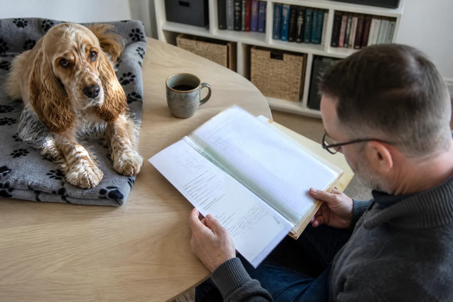Buyer reviewing identity and health records beside a relaxed Cocker Spaniel