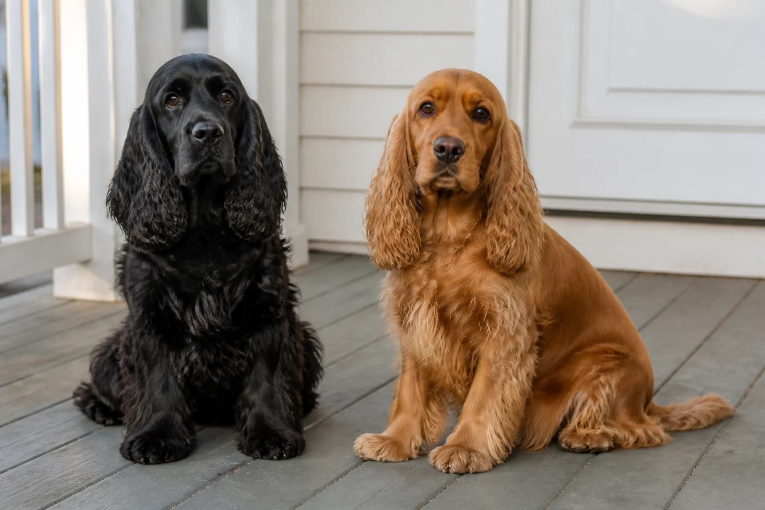 Black and red Cocker Spaniels photographed separately in the same neutral outdoor light