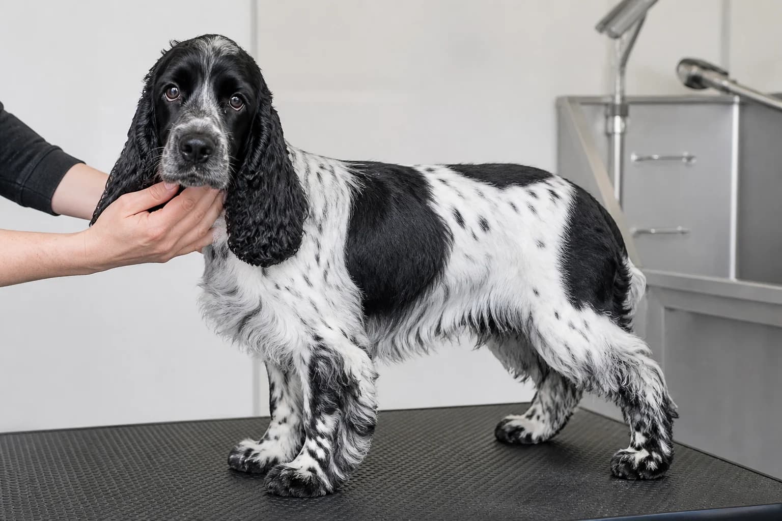 Black-and-white parti Cocker Spaniel showing clear patches and fine ticking