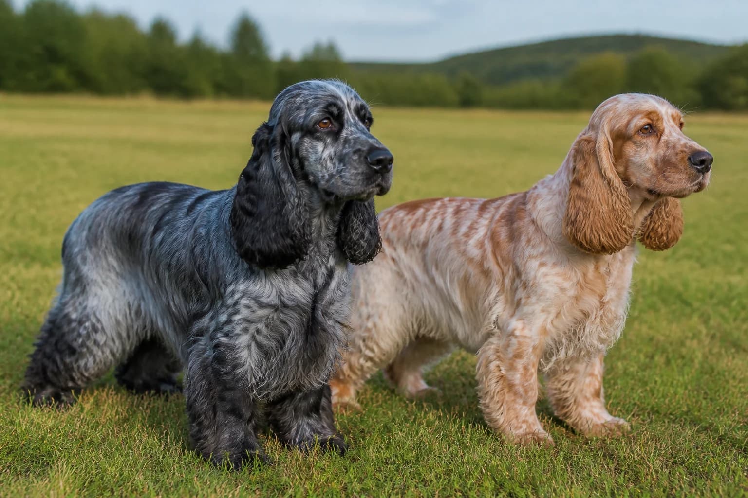 Blue roan and orange roan English Cocker Spaniels showing intermingled hairs close enough to distinguish the pattern