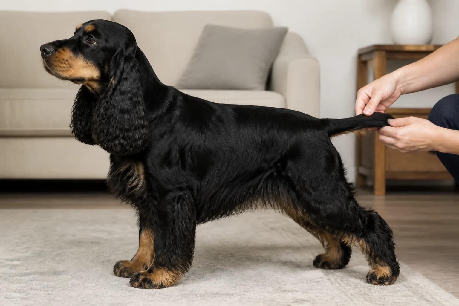 Black-and-tan Cocker Spaniel showing genuine tan-point placement without invented merle patterning