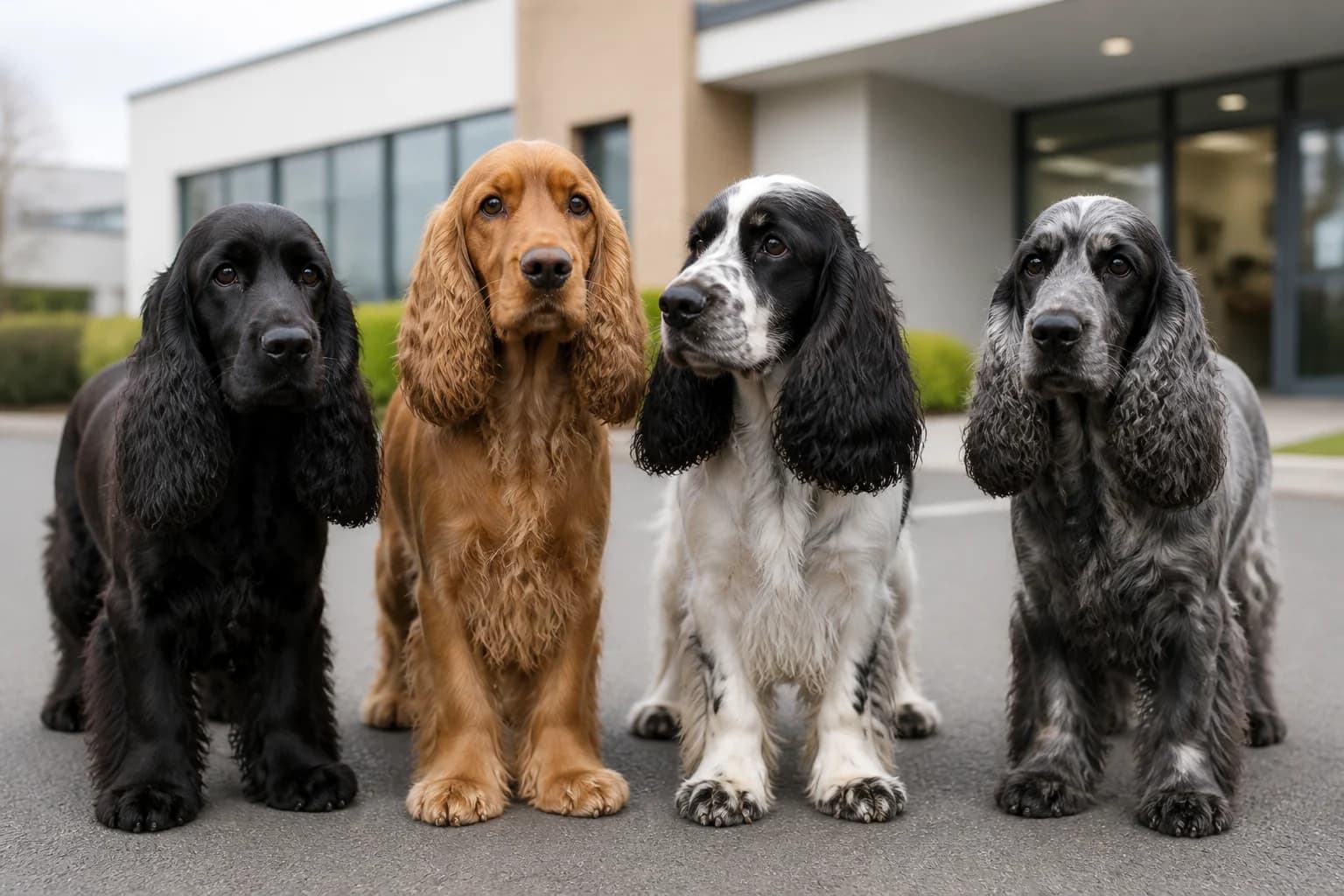 Four adult Cocker Spaniels in black, red, parti and blue roan coats standing naturally outdoors