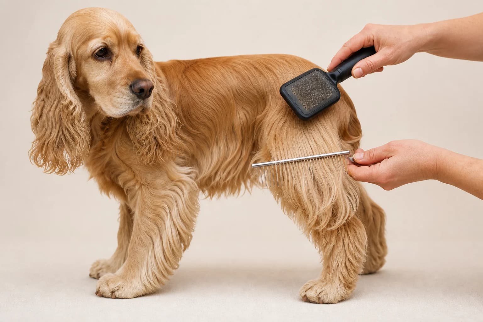 Hands using a slicker brush and metal comb through Cocker Spaniel feathering in small sections