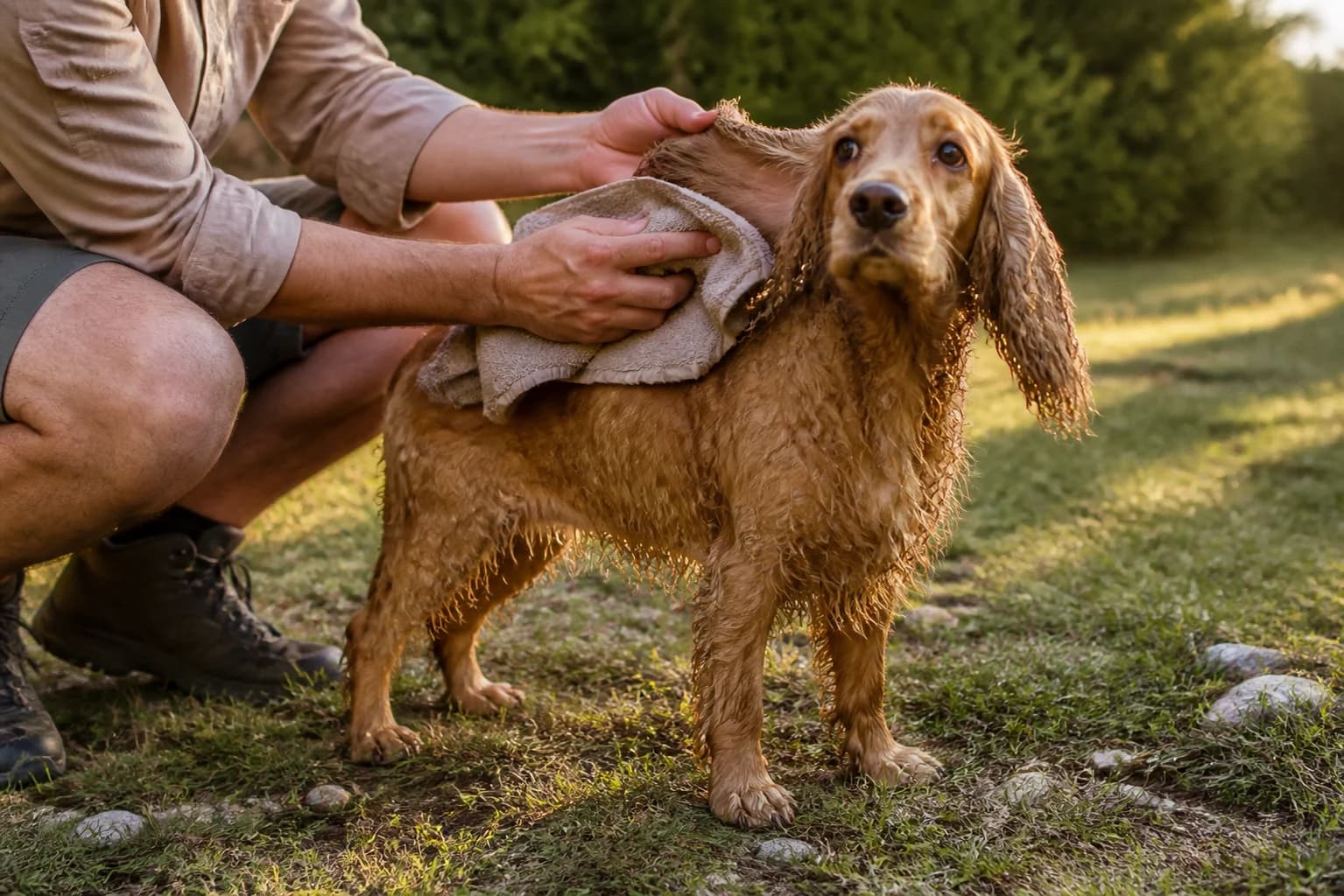 Owner towel-blotting a freshly bathed Cocker Spaniel with the ears carefully separated