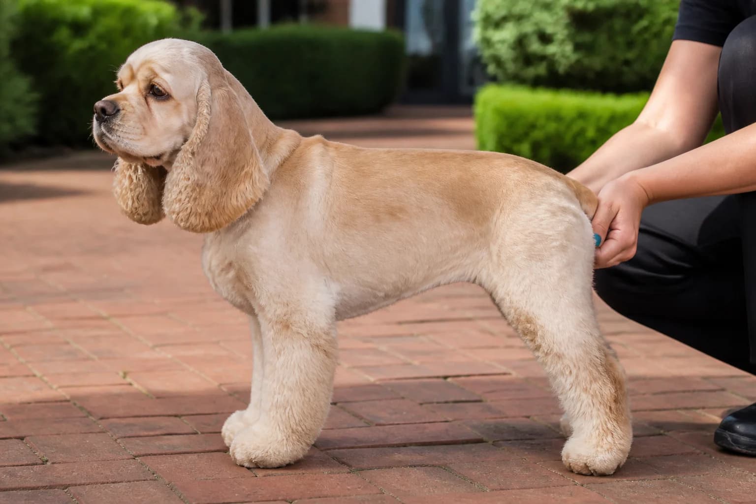 Cocker Spaniel in a practical pet trim standing in profile at a grooming salon