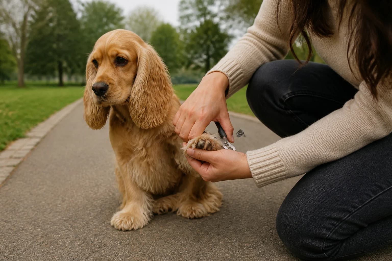 Close view of safe nail trimming on a calm Cocker Spaniel paw