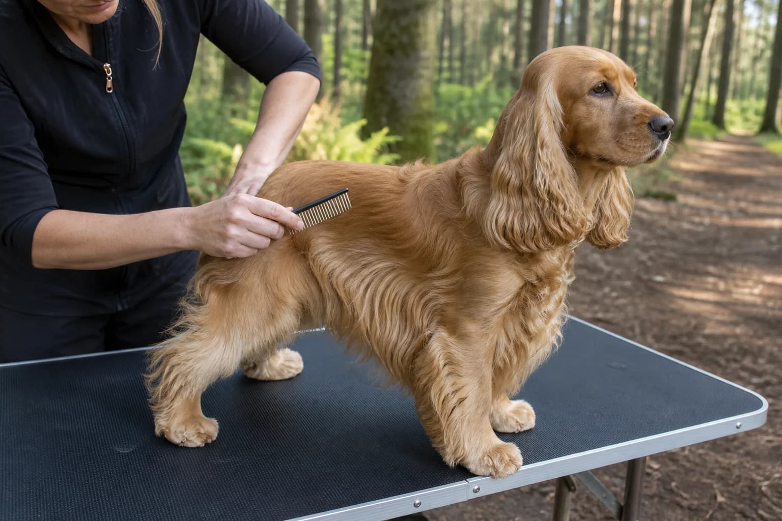 Professional groomer line-brushing a golden Cocker Spaniel on a nonslip grooming table