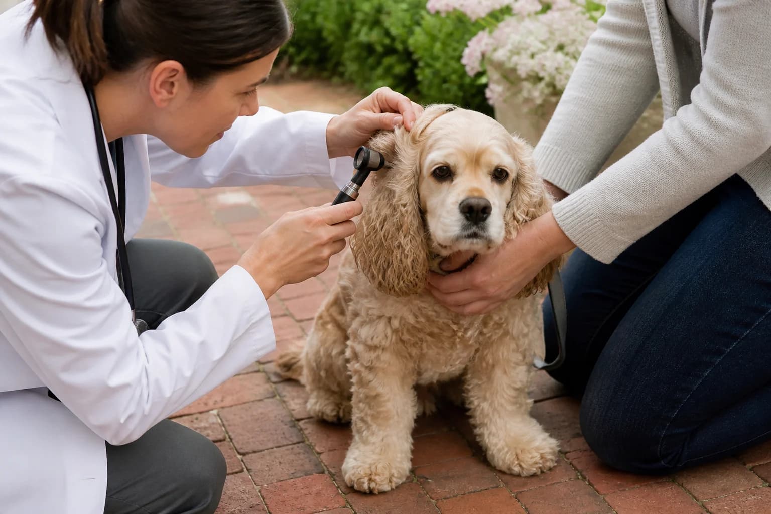 Veterinarian examining a Cocker Spaniel ear with an otoscope while the dog remains supported