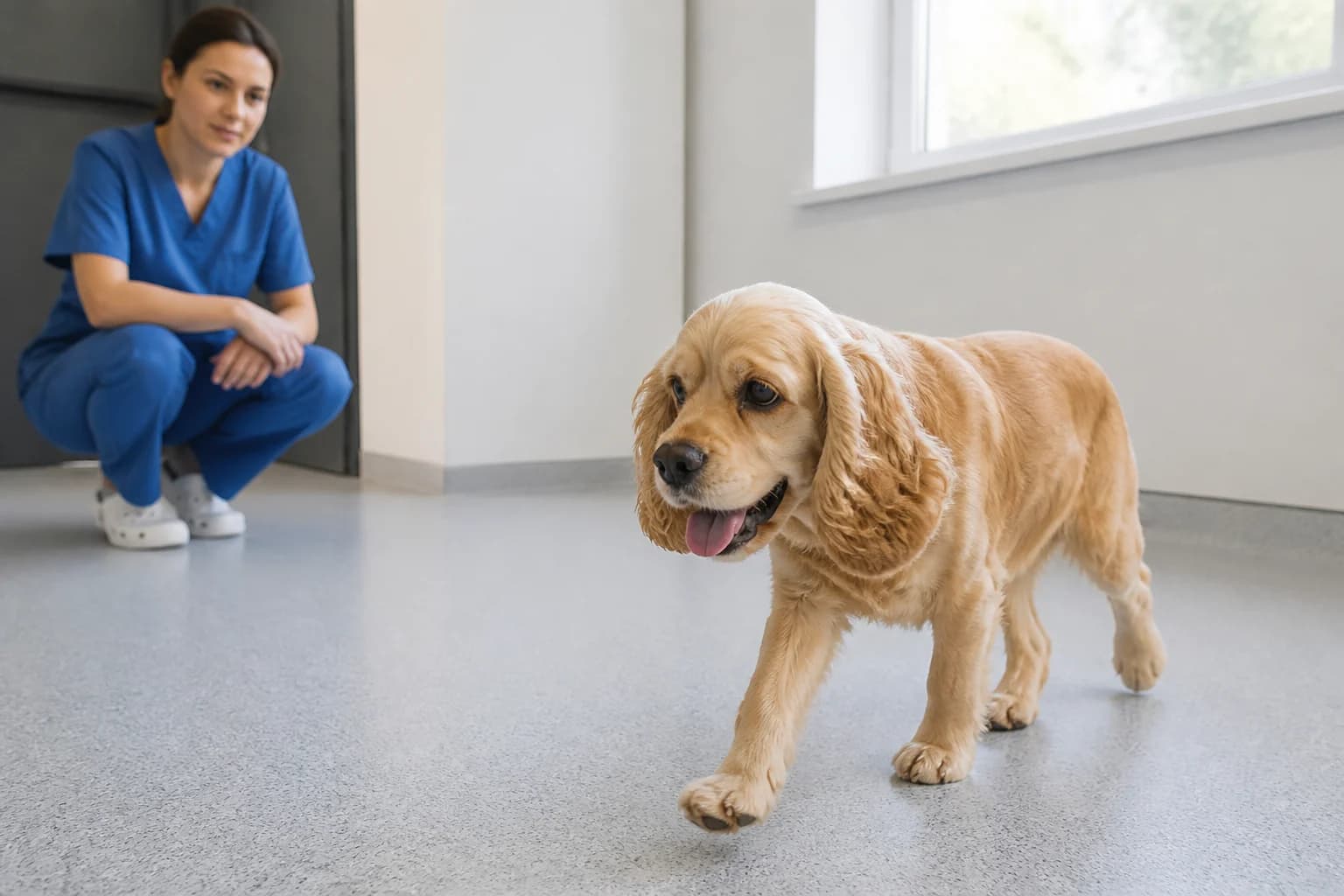 Veterinarian observing a Cocker Spaniel walking across a nonslip clinic floor