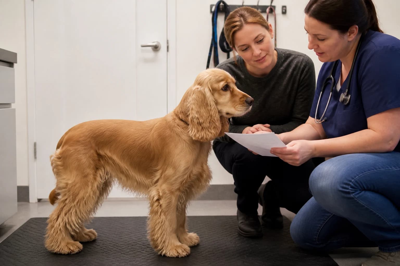 Owner and veterinarian reviewing Cocker Spaniel screening and medical records