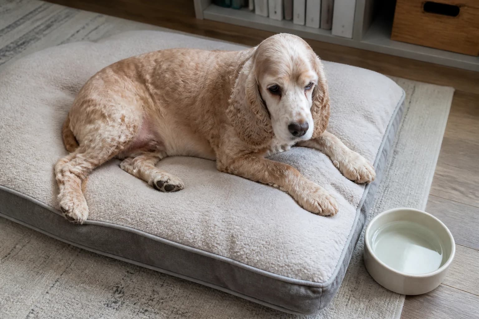 Senior Cocker Spaniel resting on supportive bedding beside accessible water