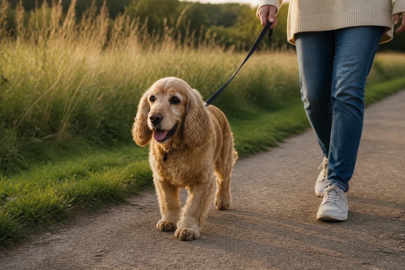 Healthy senior Cocker Spaniel walking comfortably with its owner on an even park path