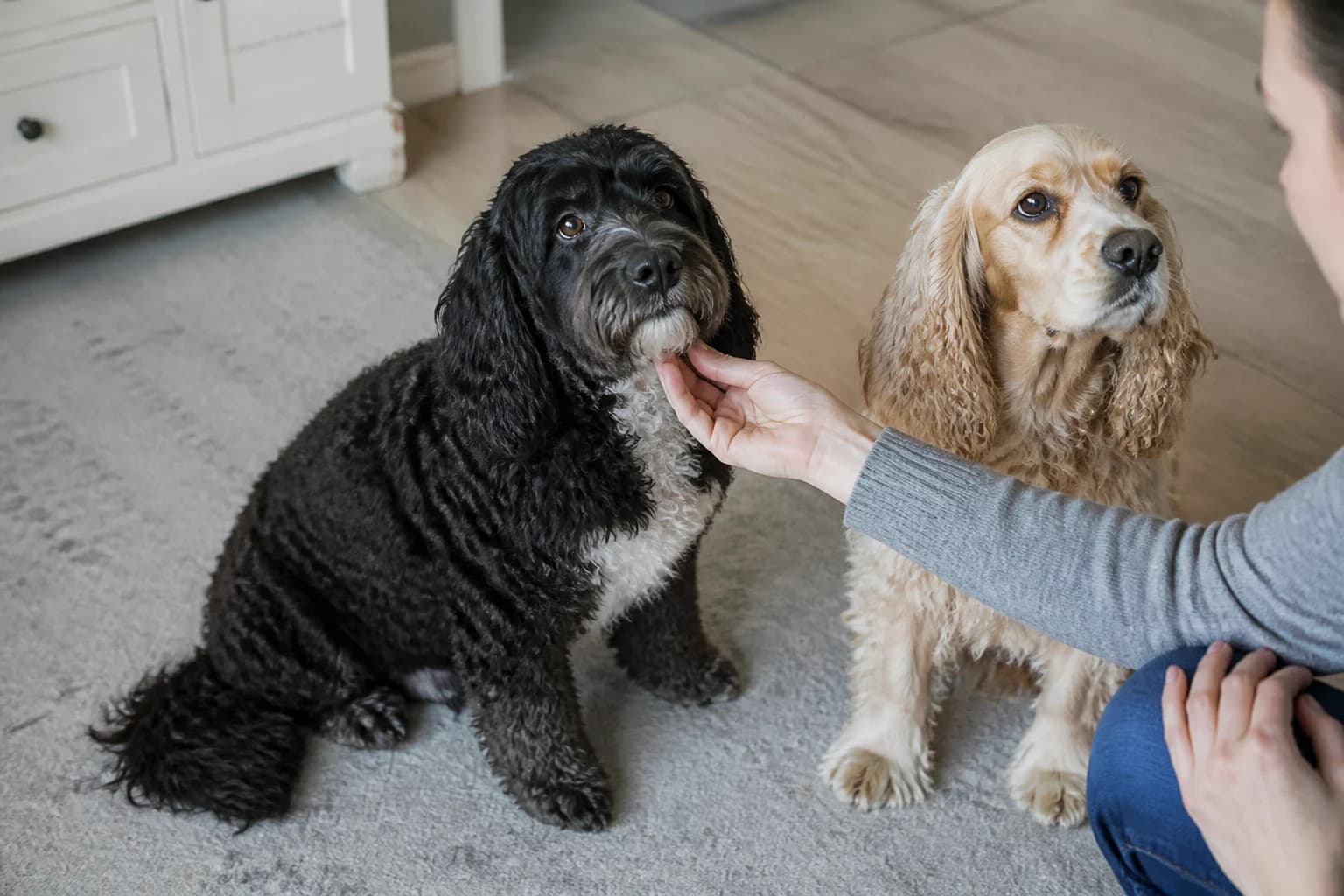 Adult Cockapoo with a realistic wavy coat beside a purebred Cocker Spaniel