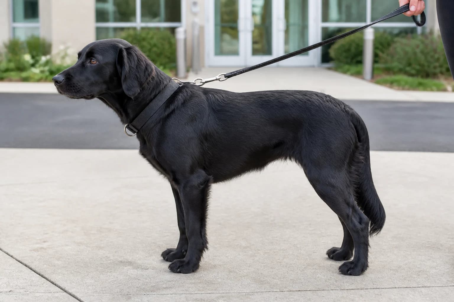 Medium Cocker Spaniel Lab mix standing in full profile outdoors