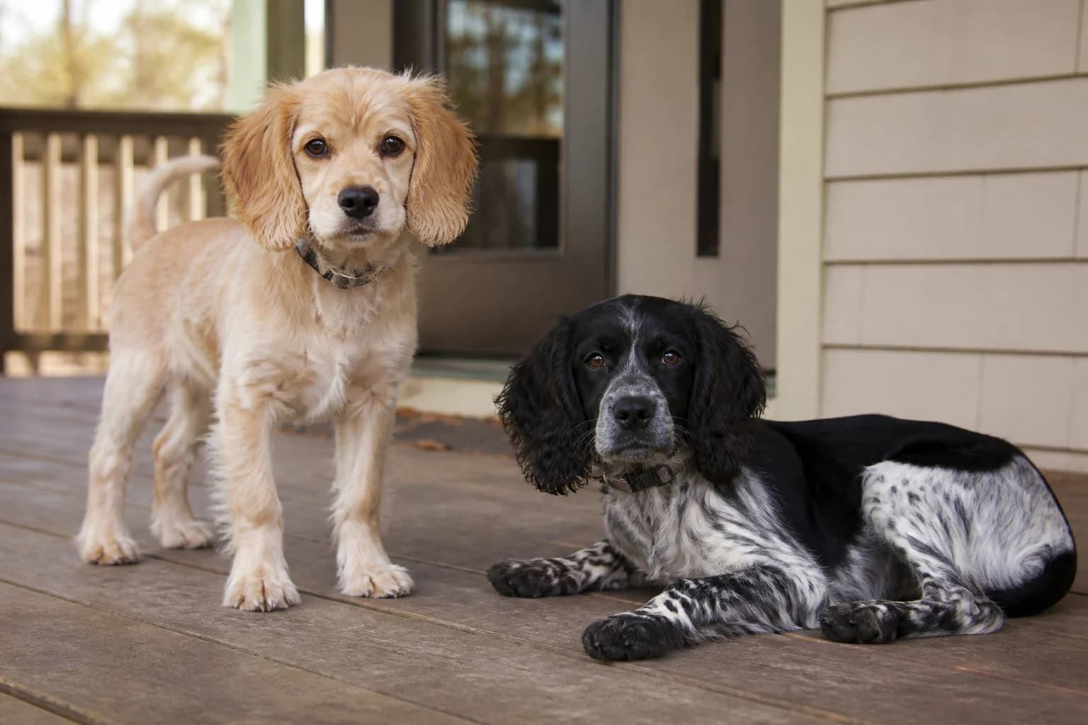 Two littermates from a known Cocker Spaniel mix litter showing coat and size variation