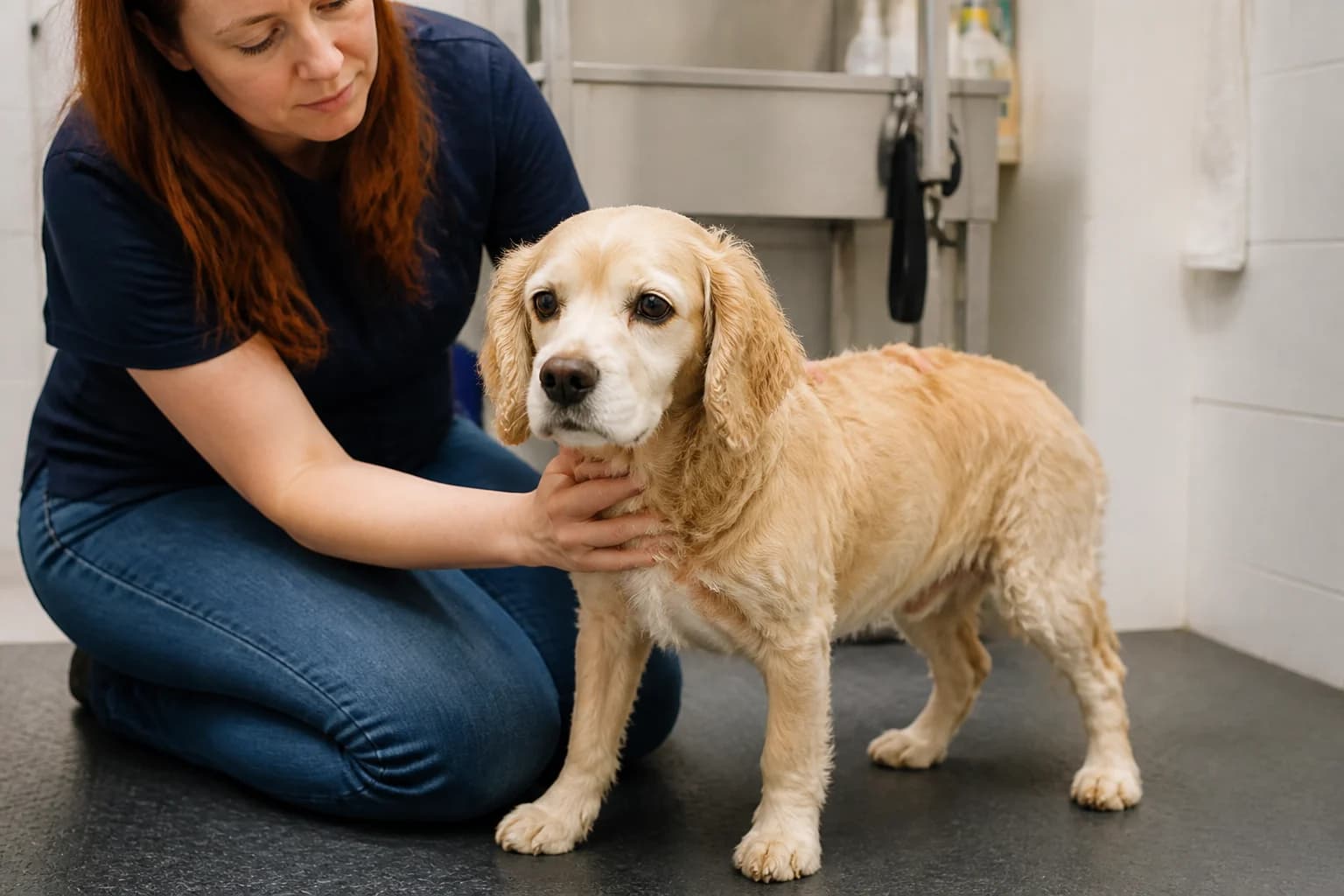 Rescue volunteer calmly assessing a Cocker Spaniel mix in a quiet room