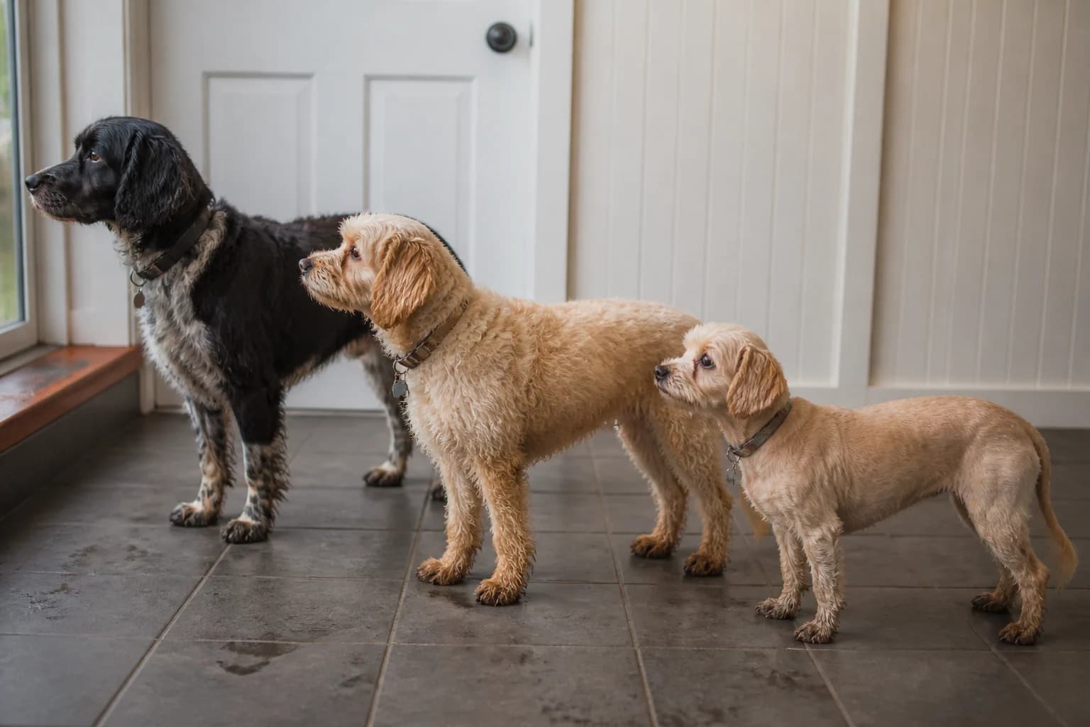 Three adult Cocker Spaniel mixes with visibly different sizes and coats standing in a park