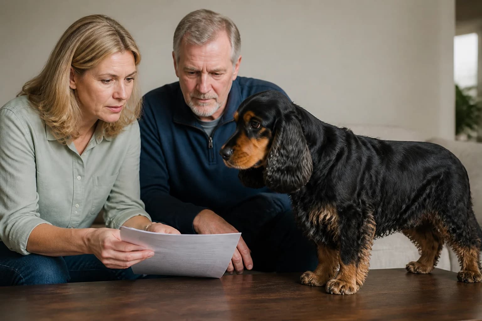 Buyer and breeder reviewing parent screening results at a table with the adult dog present